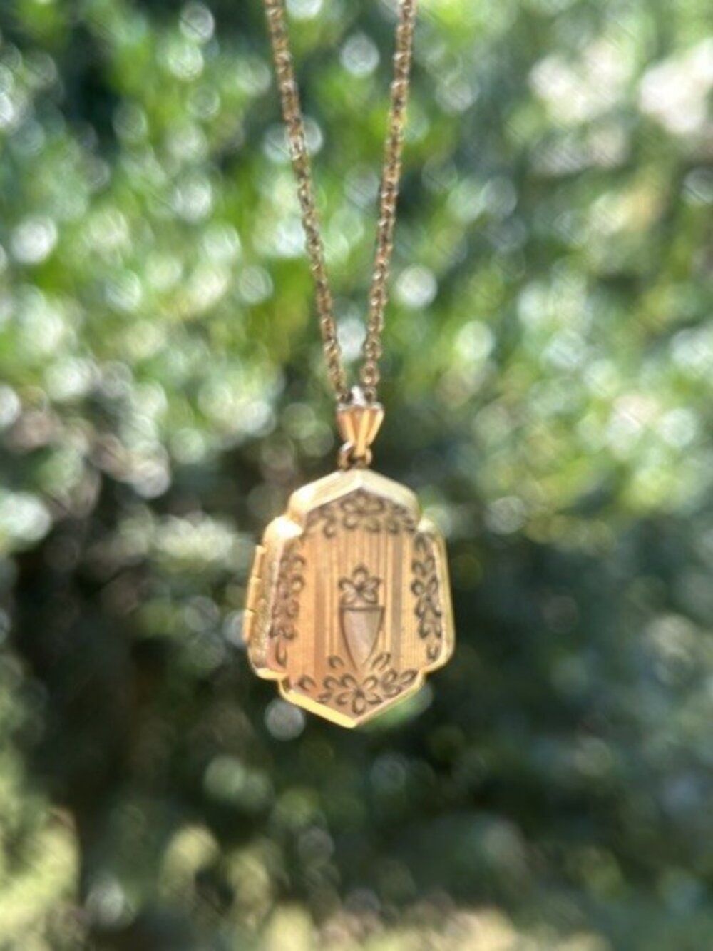 ANTIQUE EDWARDIAN 1/20 12K GF Shield Floral Locket NECKLACE